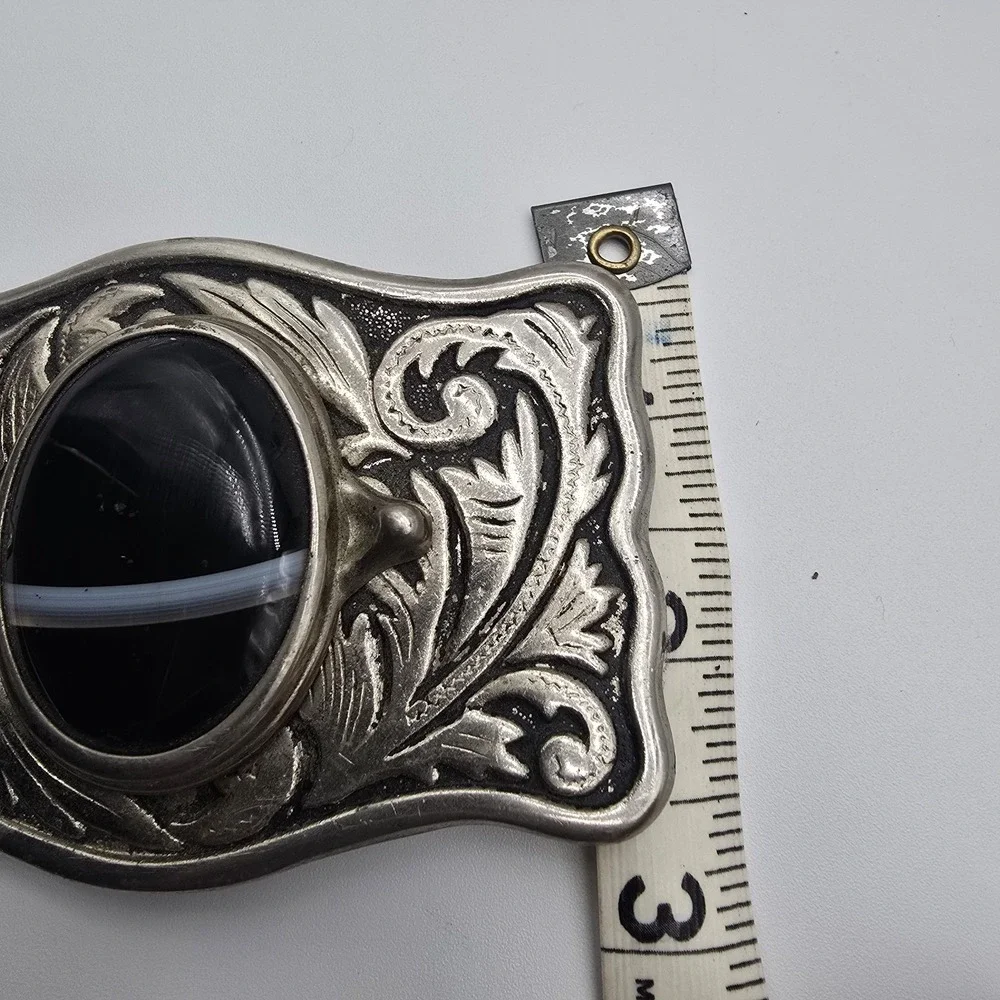 Centerpiece Black Banded‎ Cabochon Silver Tone Western Framed Belt Buckle
